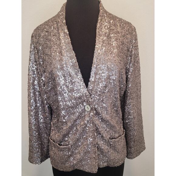 Chico’s Metallic Pewter Sequin Blazer Jacket NWT Size 2 Evening Sparkle - Picture 1 of 10